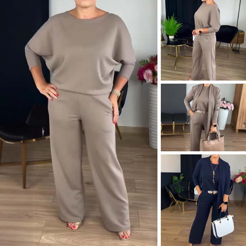 Set di 3 pezzi elegante composto da un cardigan lungo, una maglietta e pantaloni