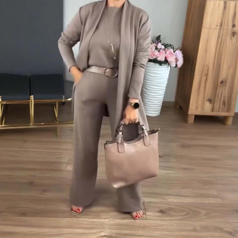 Set di 3 pezzi elegante composto da un cardigan lungo, una maglietta e pantaloni