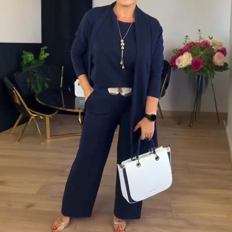 Set di 3 pezzi elegante composto da un cardigan lungo, una maglietta e pantaloni